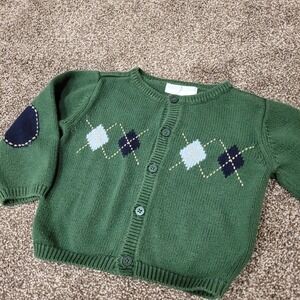 Janie and Jack Kids Green Argyle Cotton Cashmere Cardigan Sweater 12-18 Months